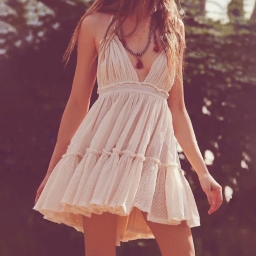 Ivory Swiss Dot Mesh Boho Halter Mini Dress - Picture 6 of 7